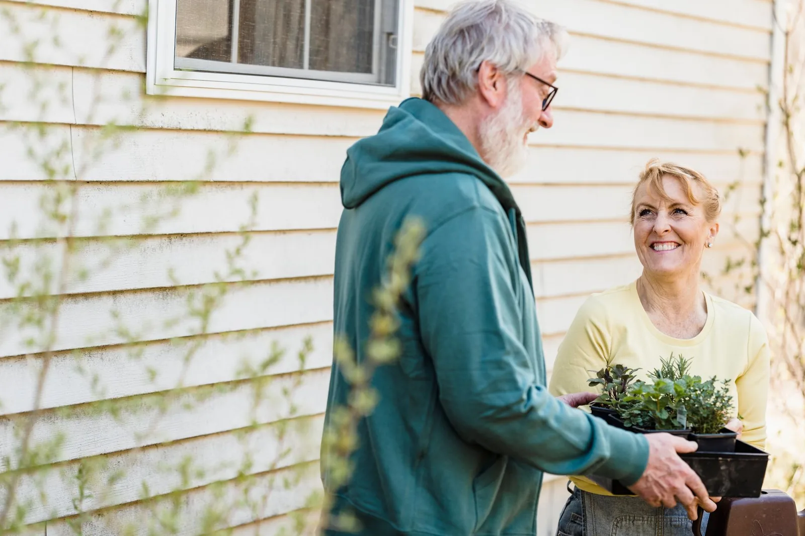 An older couple gardening together in their own backyard on a bright afternoon.